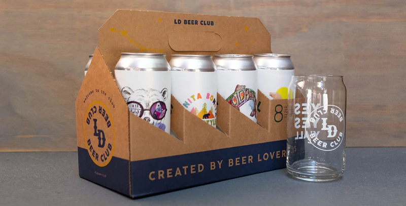 lazy dog beer club first pack with 6 beers and personalized glass